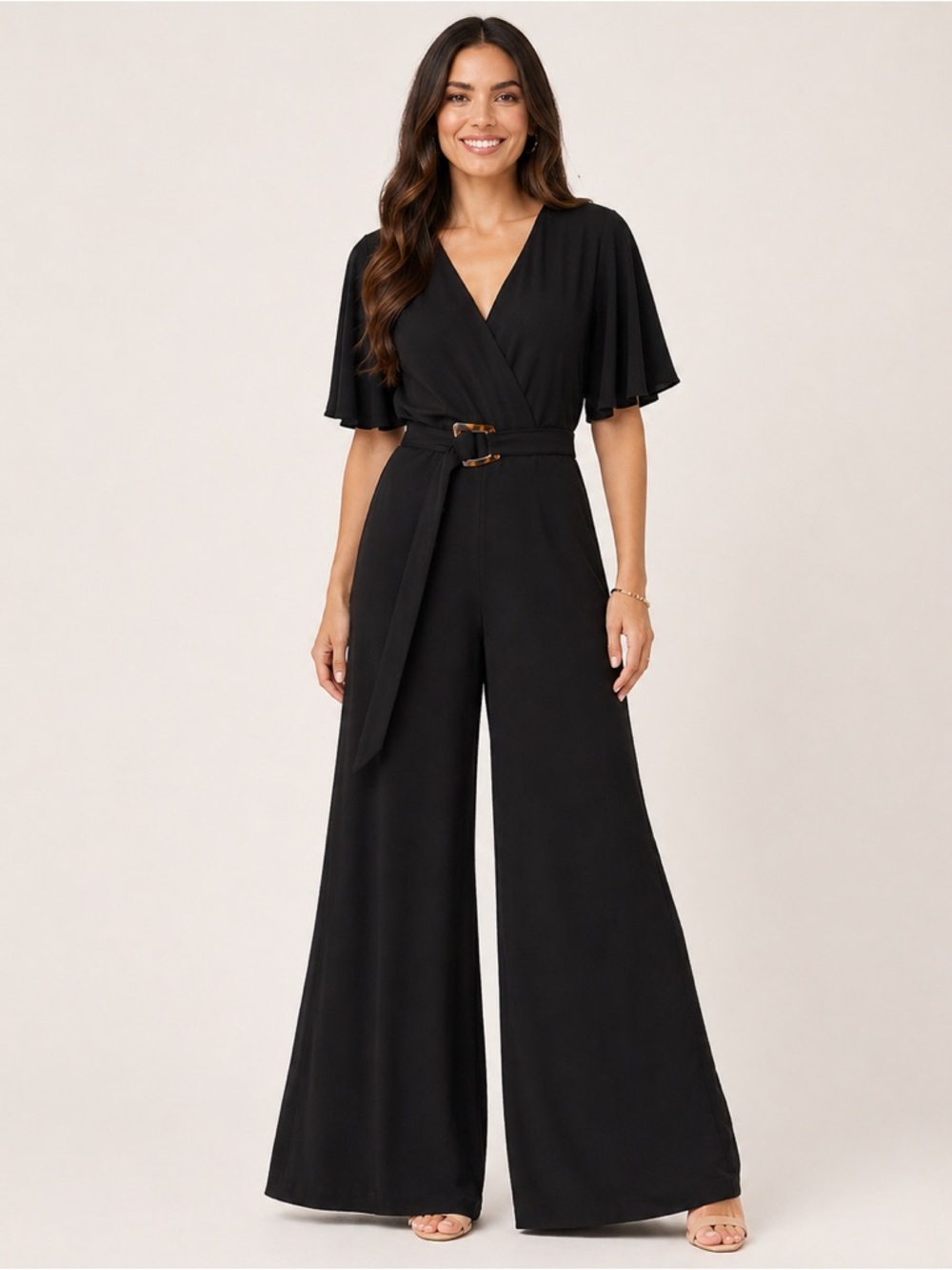 Vince Camuto Black Wide Leg Jumpsuit Belted V-Neck Flutter Sleeve XS NWT